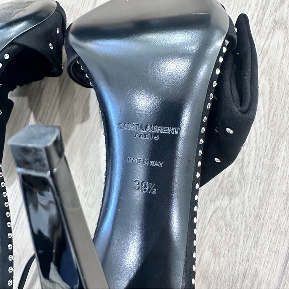 NWT Saint Laurent Freja suede bow crystal open toe heels black 9.5 EUR 39.5 - Picture 10 of 13